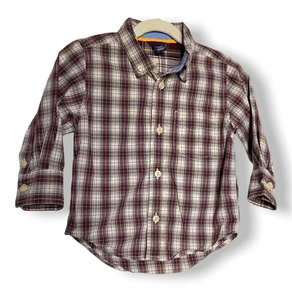 Gap Boys Shirt‎ Size 2 Burgundy Green Yellow Plaid Long Sleeve Button Up Front